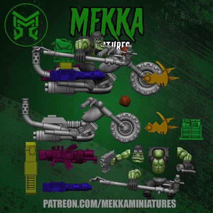 Orc Biker Set, Space-Faring Orkish Menace Sculpted by Mekka Miniatures, Grimdark Compatible, Scaled for Sci-Fi Miniature Wargames