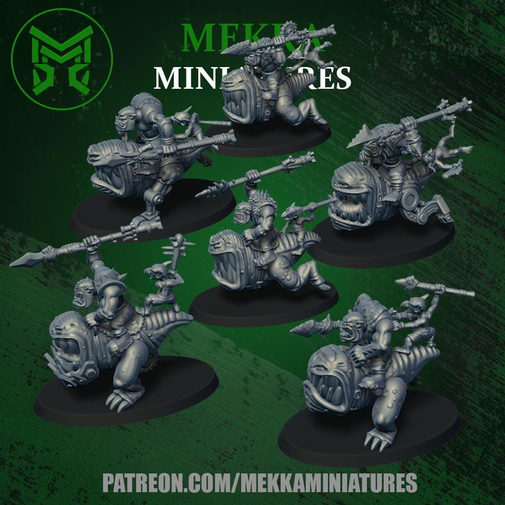 Orcs riding Chompas, Space-Faring Orkish Menace Sculpted by Mekka Miniatures, Grimdark Compatible, Scaled for Sci-Fi Miniature Wargames
