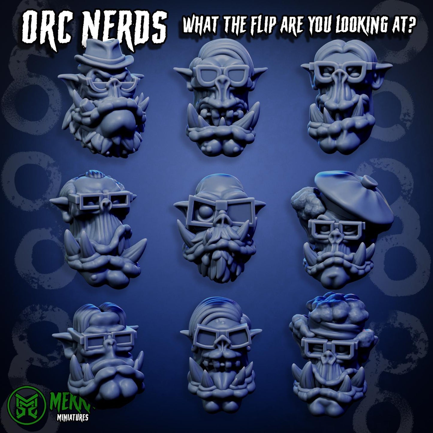 Orc Nerd Heads! Space-Faring Orkish Menace Sculpted by Mekka Miniatures, Grimdark Compatible, Scaled for Sci-Fi Miniature Wargames