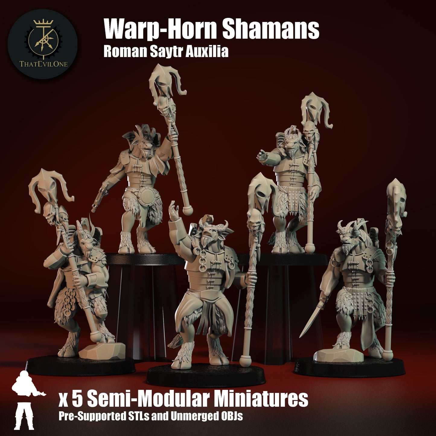 Roman Saytr Warp-Horn Shamans, semi-modular Sci-Fi warriors by ThatEvilOne, Sci-fi Wargames Proxy, Beastmen Roman-inspired chaos army