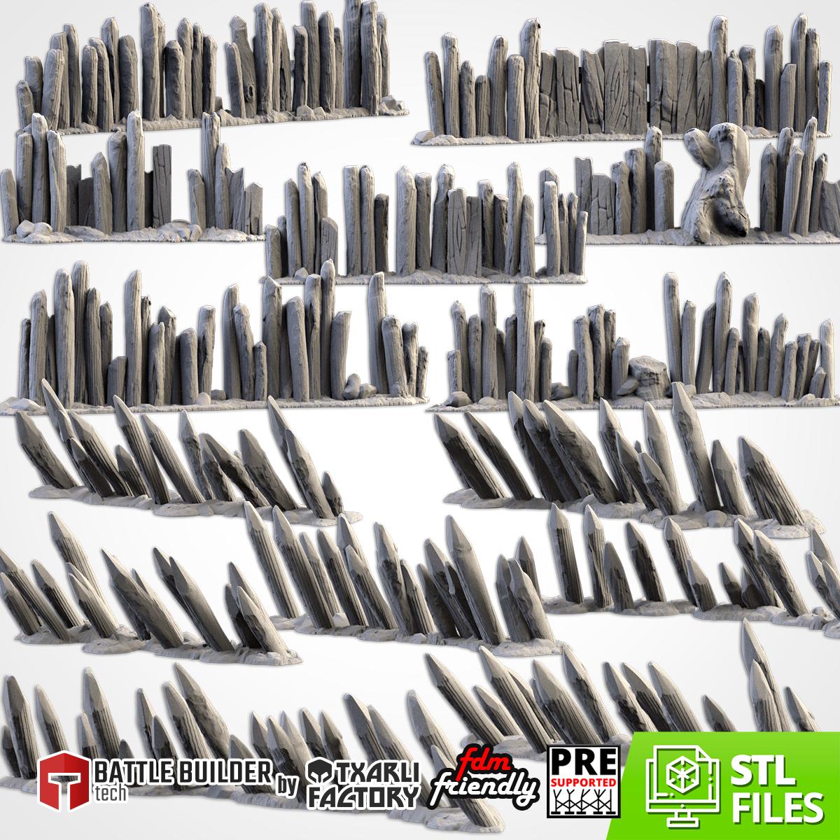 Modular WOODEN FENCES & STAKES by Txarli Factory Fantasy Terrain Ruined Castle Set, Perfect for Tabletop Wargames
