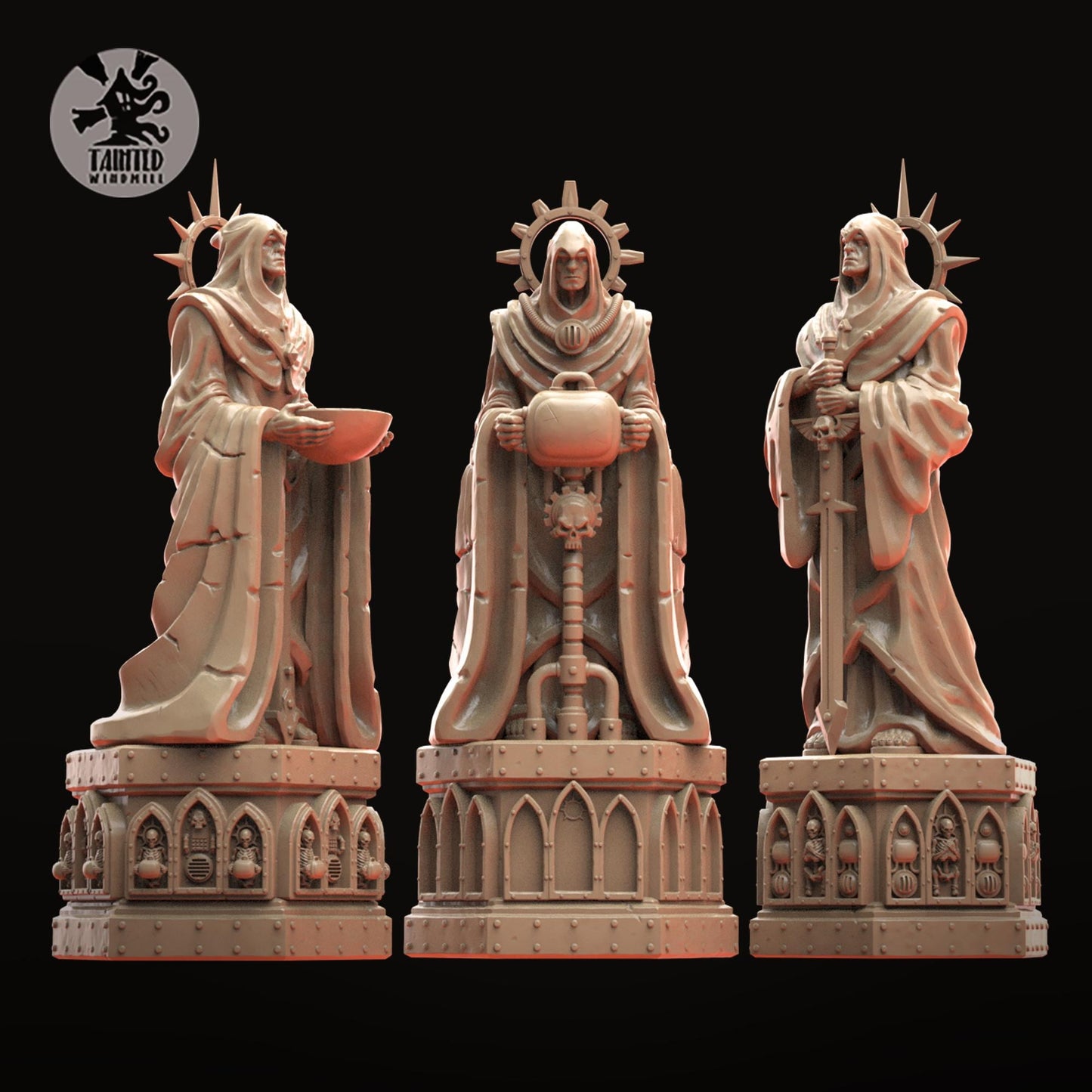 Gothic Statues and Bases, Imperial Cathedral Terrain Features Sculpted by Tainted Windmill for Wargames set in the Grimdark Future