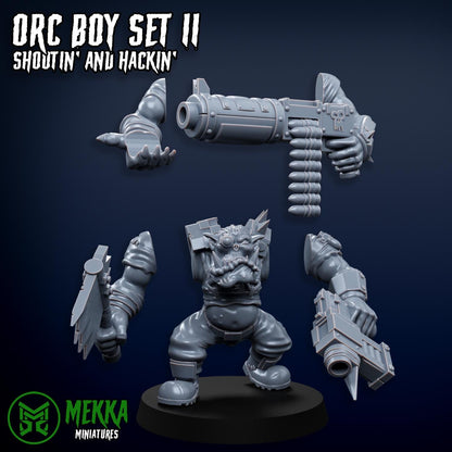 Orc Boy Set II, Shootin' and Hackin', Space-Faring Orkish Menace Sculpted by Mekka Miniatures, Grimdark Compatible, Sci-Fi Wargame Scale