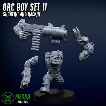 Orc Boy Set II, Shootin' and Hackin', Space-Faring Orkish Menace Sculpted by Mekka Miniatures, Grimdark Compatible, Sci-Fi Wargame Scale