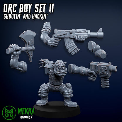 Orc Boy Set II, Shootin' and Hackin', Space-Faring Orkish Menace Sculpted by Mekka Miniatures, Grimdark Compatible, Sci-Fi Wargame Scale
