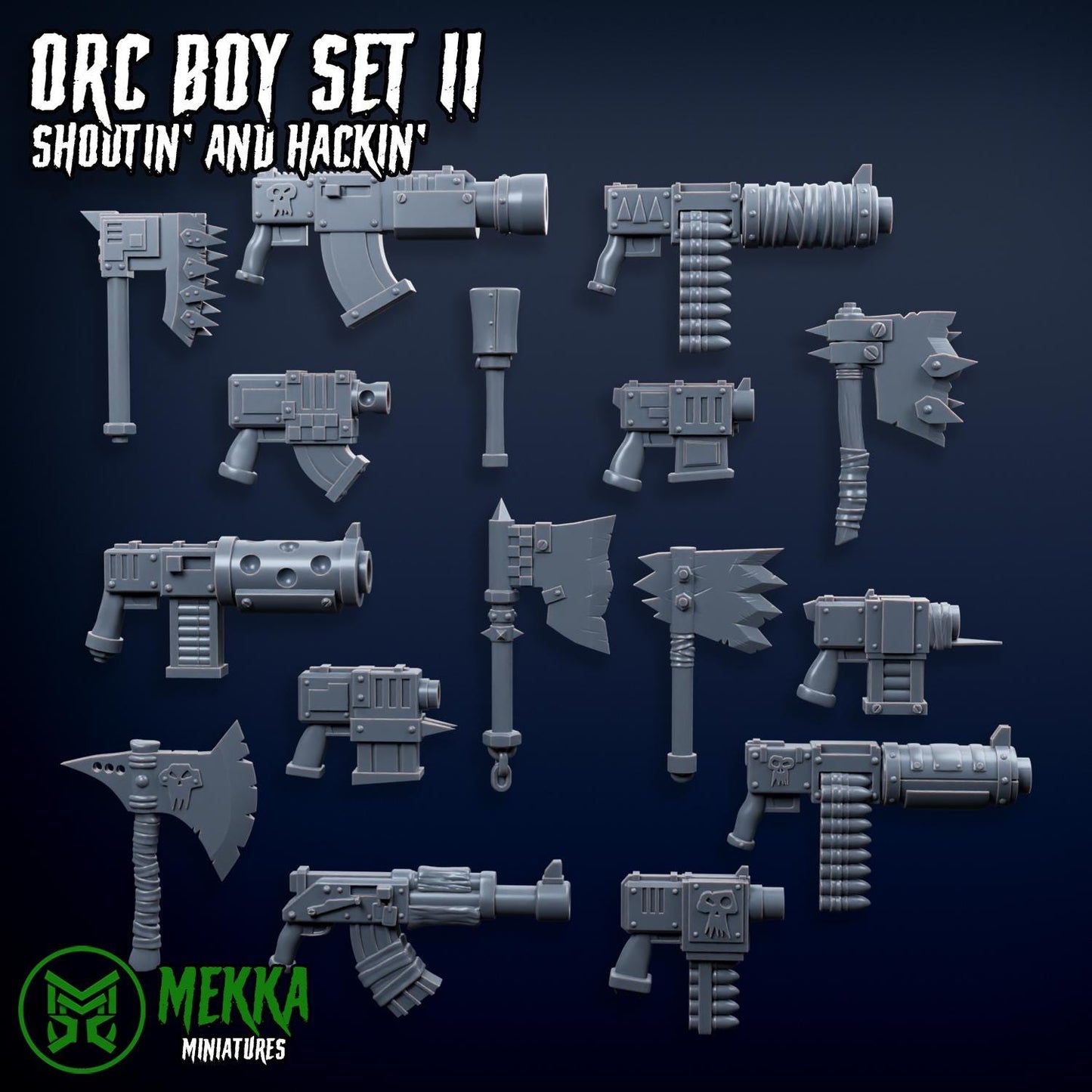 Orc Boy Set II, Shootin' and Hackin', Space-Faring Orkish Menace Sculpted by Mekka Miniatures, Grimdark Compatible, Sci-Fi Wargame Scale