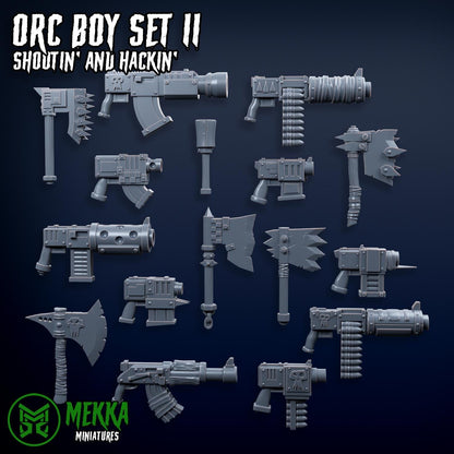 Orc Boy Set II, Shootin' and Hackin', Space-Faring Orkish Menace Sculpted by Mekka Miniatures, Grimdark Compatible, Sci-Fi Wargame Scale