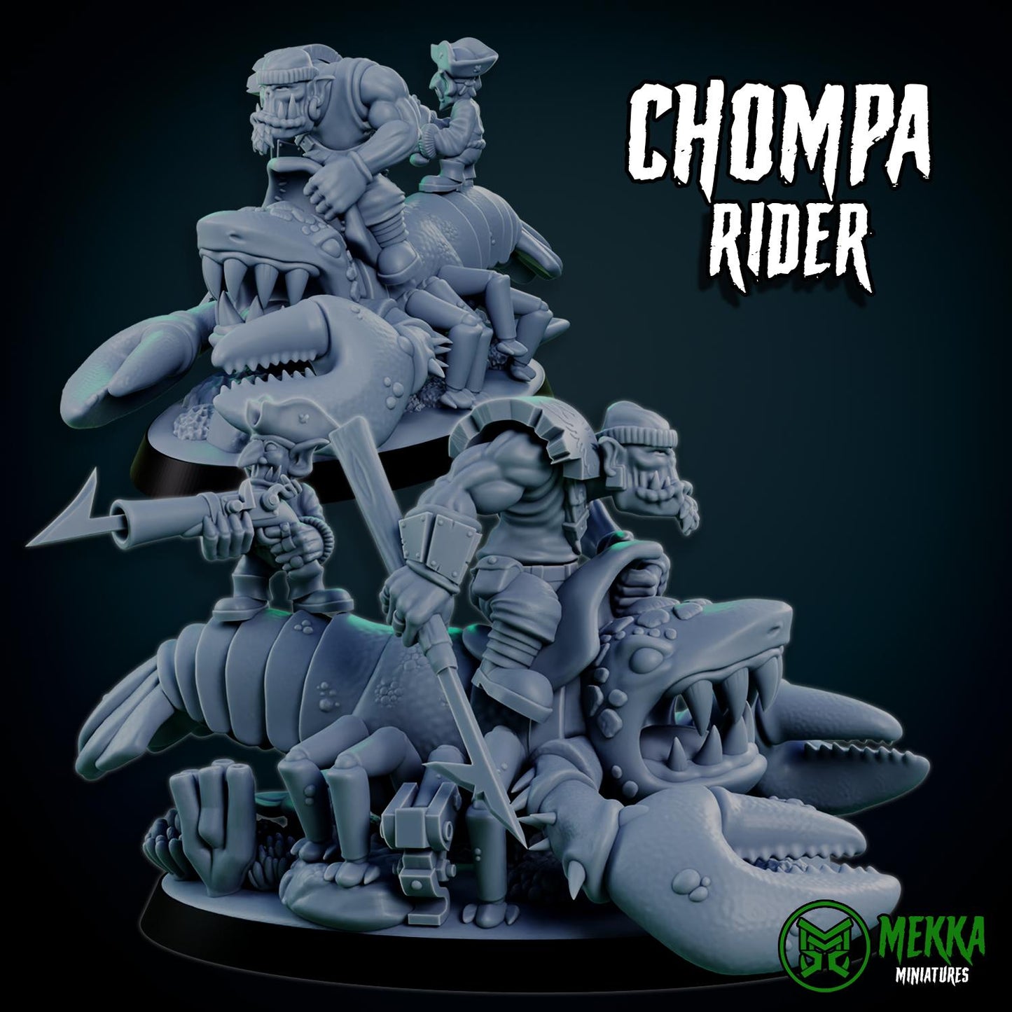 Chompa Riders, Space-Faring Orkish Menace Sculpted by Mekka Miniatures, Grimdark Compatible, Scaled for Sci-Fi Miniature Wargames