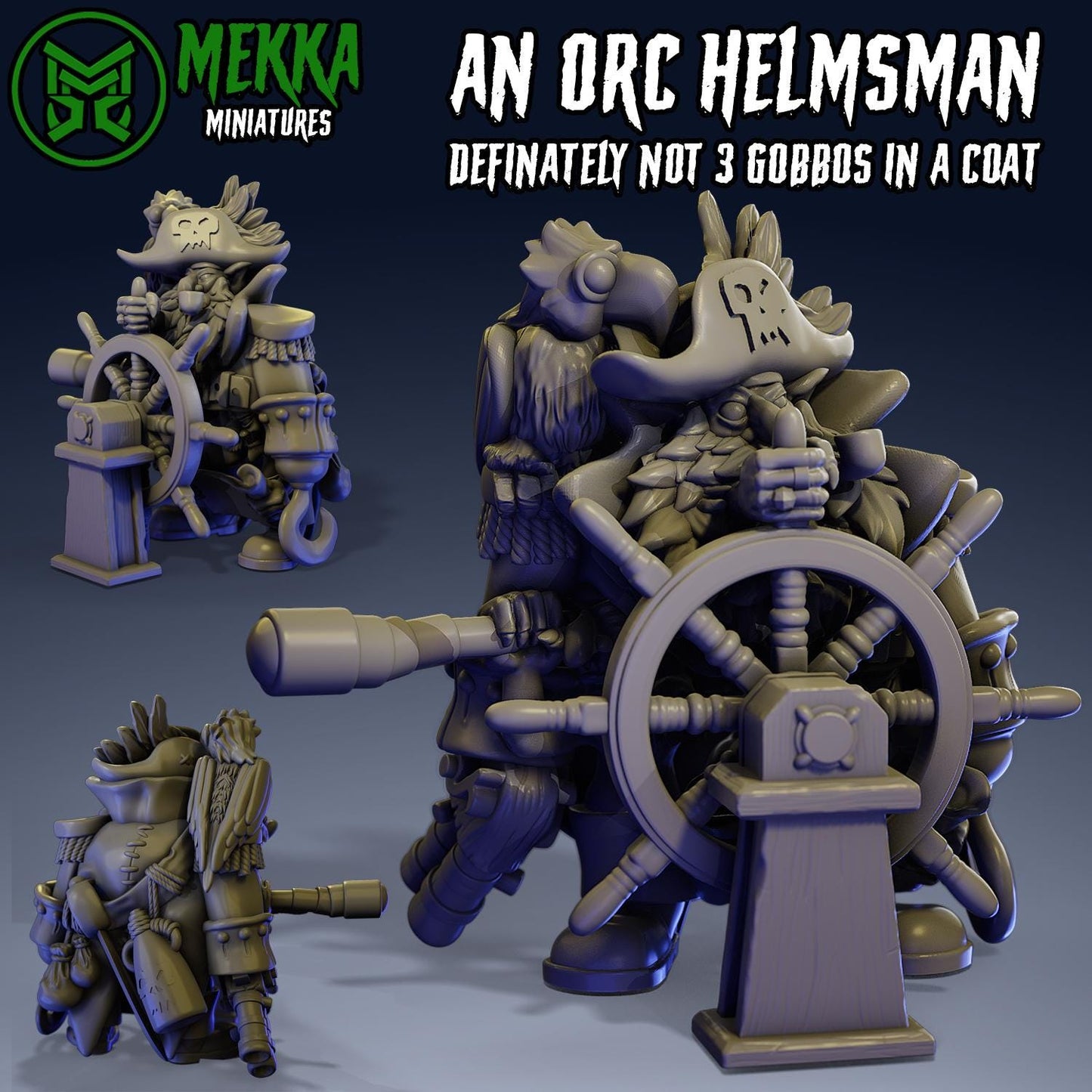 Three Gobbos in a coat, Space-Faring Orkish Menace Sculpted by Mekka Miniatures, Grimdark Compatible, Scaled for Sci-Fi Miniature Wargames