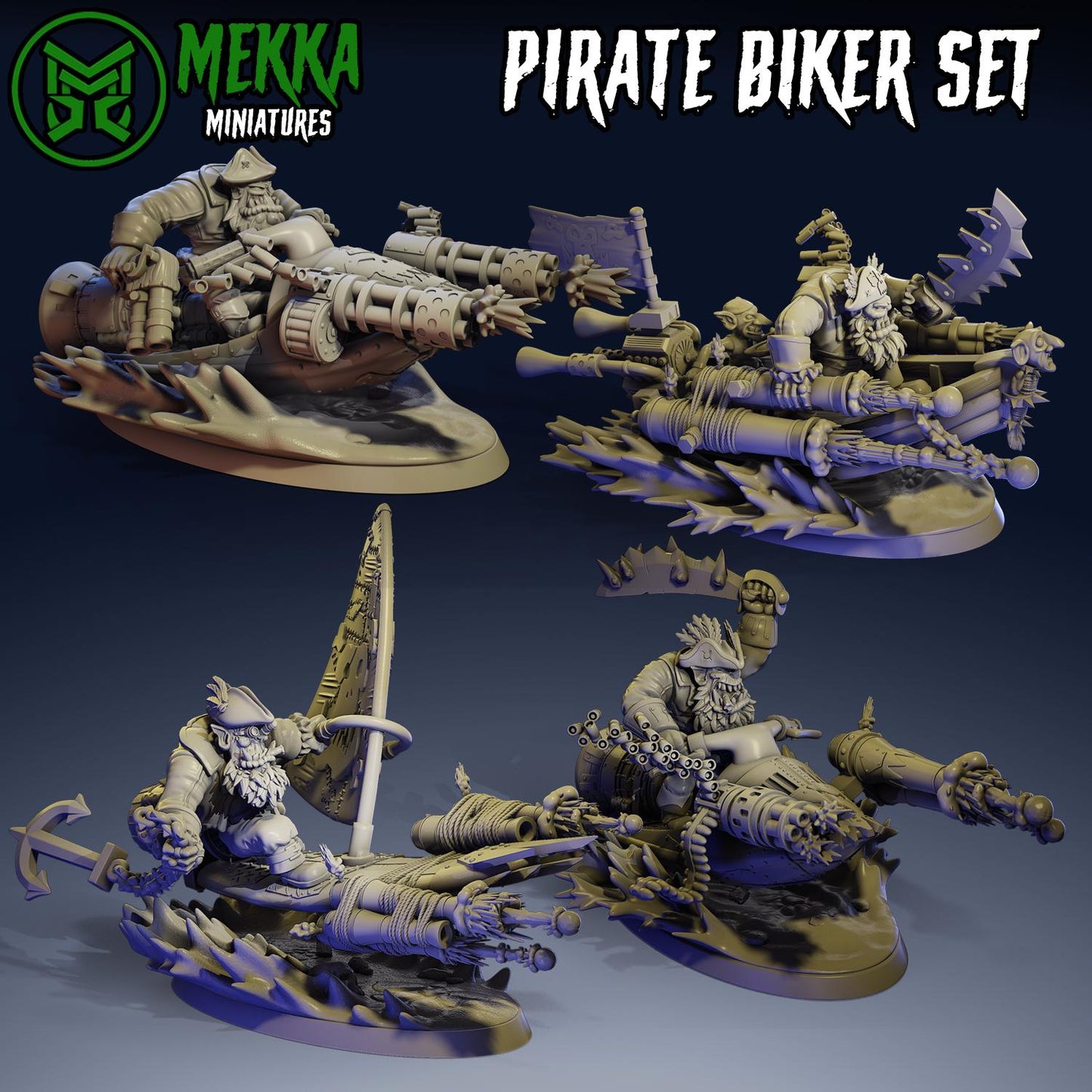 Pirate Biker Set, Space-Faring Orkish Menace Sculpted by Mekka Miniatures, Grimdark Compatible, Scaled for Sci-Fi Miniature Wargames
