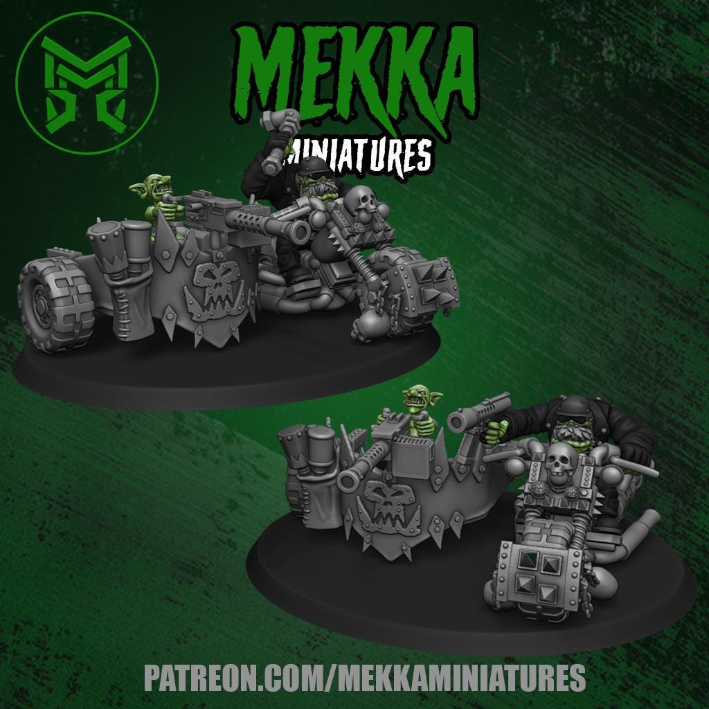 Orc Biker Set, Space-Faring Orkish Menace Sculpted by Mekka Miniatures, Grimdark Compatible, Scaled for Sci-Fi Miniature Wargames