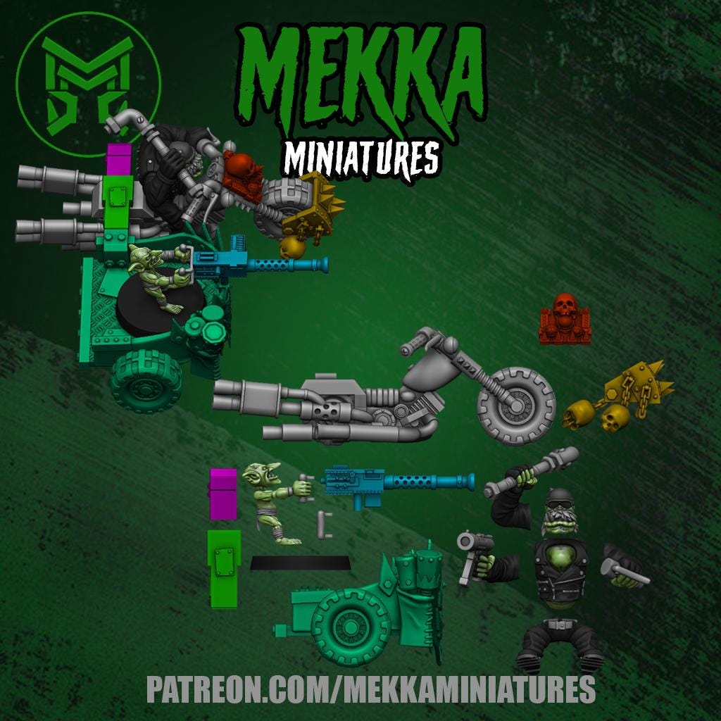 Orc Biker Set, Space-Faring Orkish Menace Sculpted by Mekka Miniatures, Grimdark Compatible, Scaled for Sci-Fi Miniature Wargames