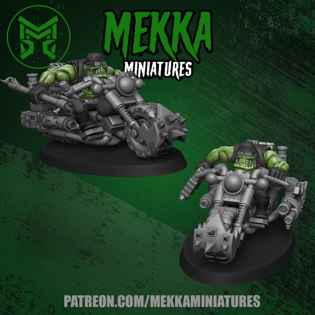 Orc Biker Set, Space-Faring Orkish Menace Sculpted by Mekka Miniatures, Grimdark Compatible, Scaled for Sci-Fi Miniature Wargames