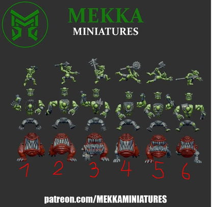 Orcs riding Chompas, Space-Faring Orkish Menace Sculpted by Mekka Miniatures, Grimdark Compatible, Scaled for Sci-Fi Miniature Wargames