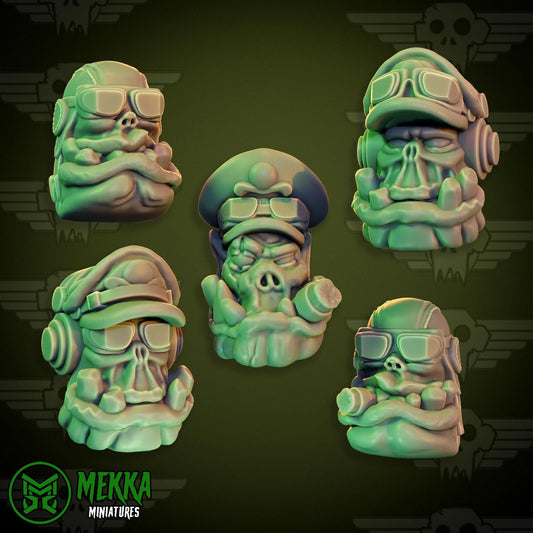 Orc Pilot Heads! Space-Faring Orkish Menace Sculpted by Mekka Miniatures, Grimdark Compatible, Scaled for Sci-Fi Miniature Wargames