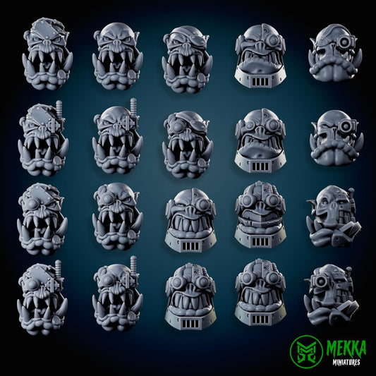 Cybork Heads! Space-Faring Orkish Menace Sculpted by Mekka Miniatures, Grimdark Compatible, Scaled for Sci-Fi Miniature Wargames