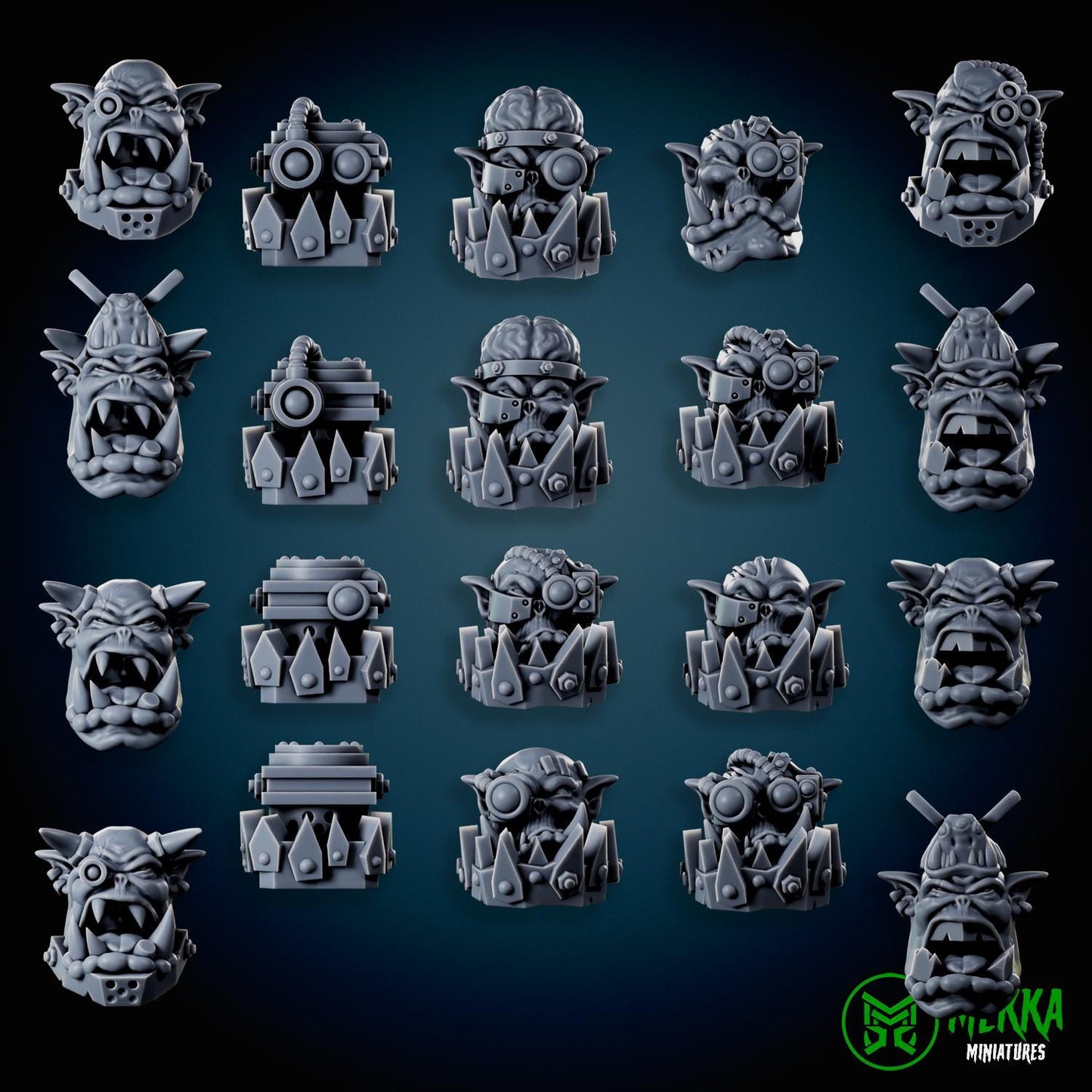 Cybork Heads! Space-Faring Orkish Menace Sculpted by Mekka Miniatures, Grimdark Compatible, Scaled for Sci-Fi Miniature Wargames