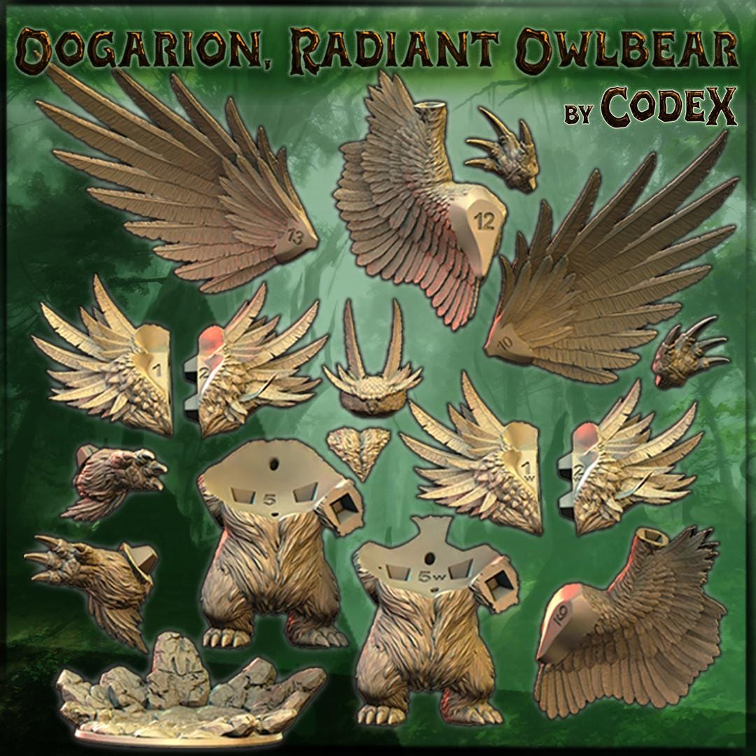 Oogarion, Radiant Owlbear, Forest Monster Miniature for Tabletop Roleplaying games by Codex Universalis