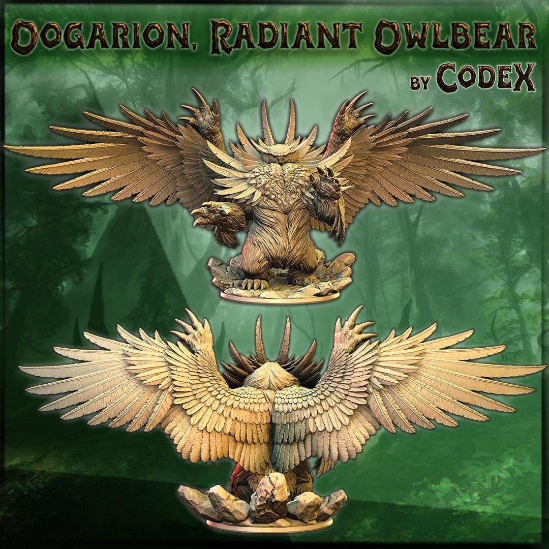 Oogarion, Radiant Owlbear, Forest Monster Miniature for Tabletop Roleplaying games by Codex Universalis