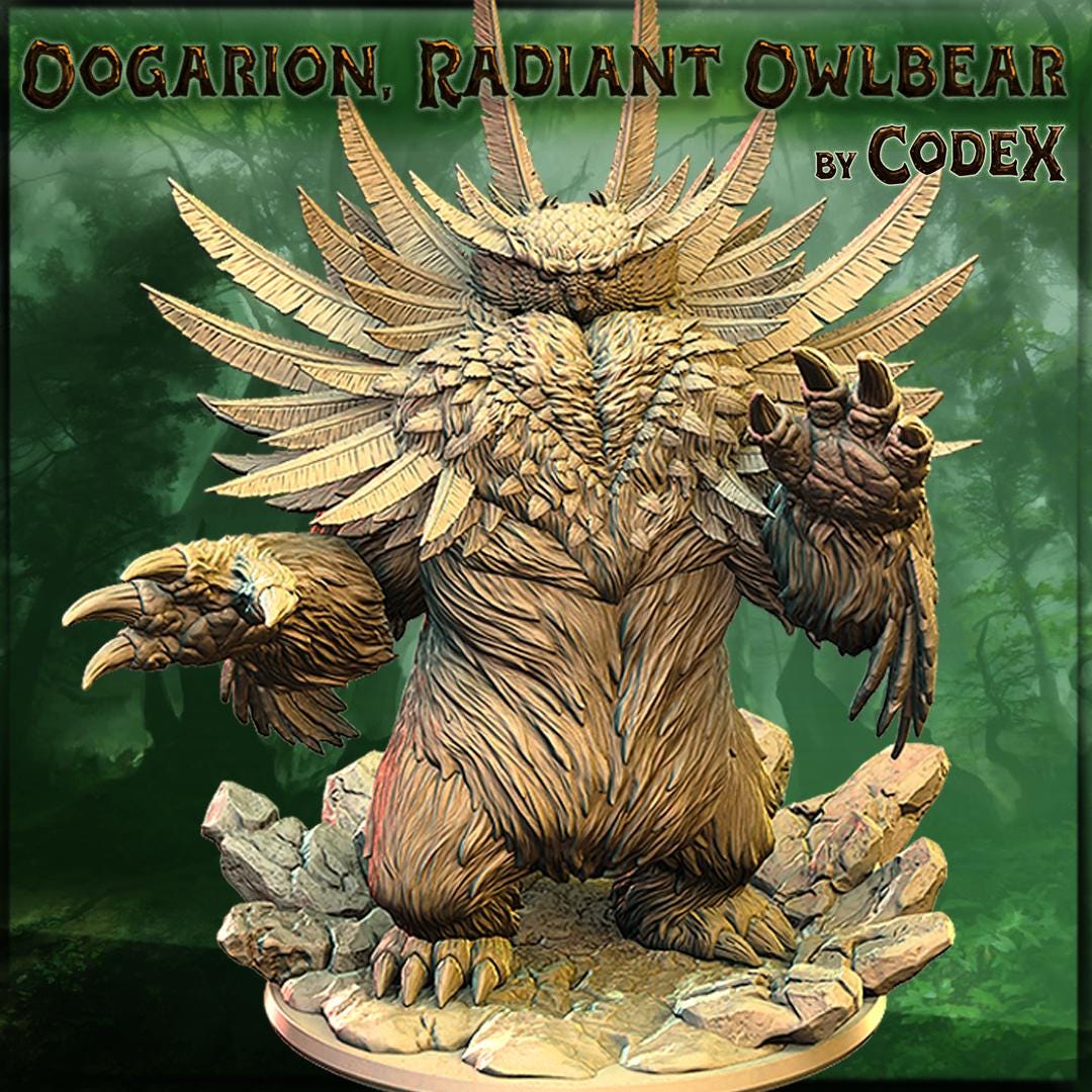 Oogarion, Radiant Owlbear, Forest Monster Miniature for Tabletop Roleplaying games by Codex Universalis