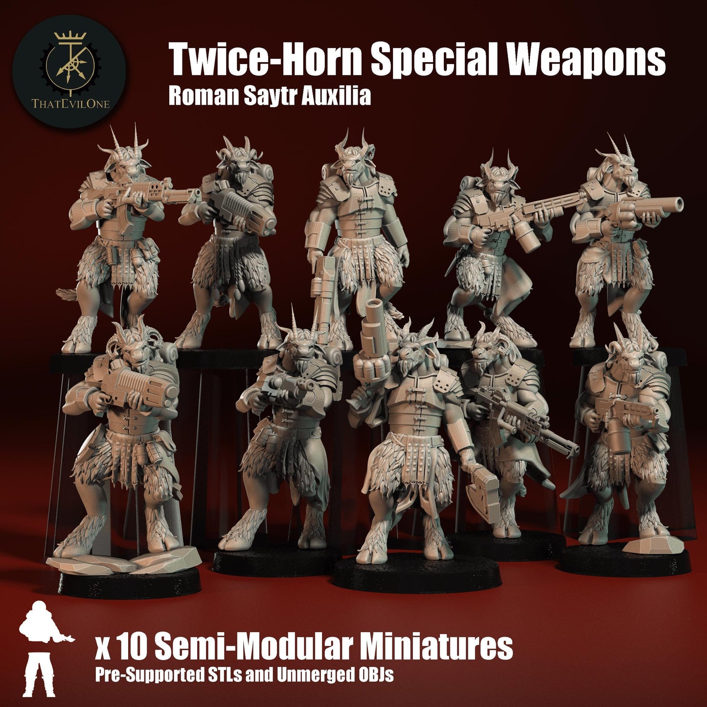 Saytr Twice-Horn Special Weapons, Monopose Sci-Fi warriors by ThatEvilOne, Sci-fi Wargames Beastmen Roman-inspired chaos army