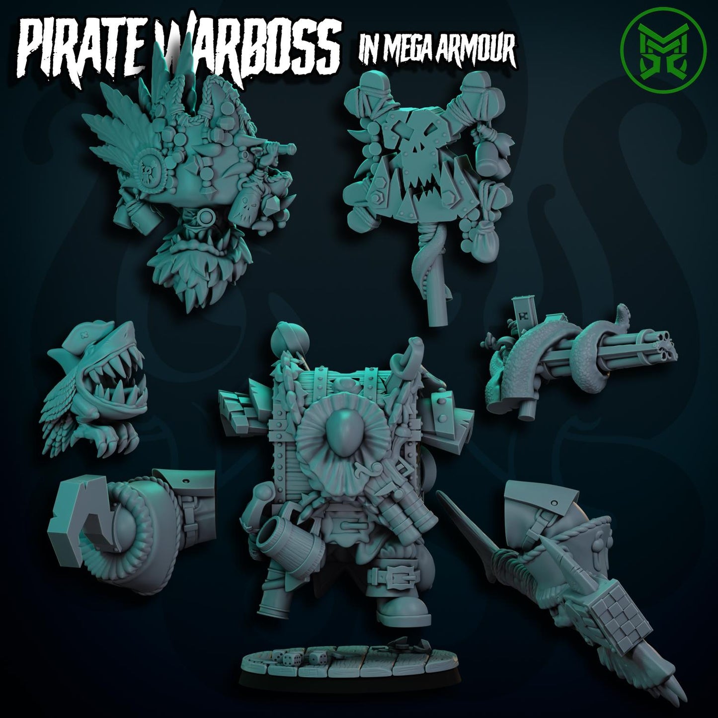 Pirate War Boss - In Mega Armour, Space-Faring Orks Sculpted by Mekka Miniatures, Grimdark Compatible, Scaled for Sci-Fi Miniature Wargames