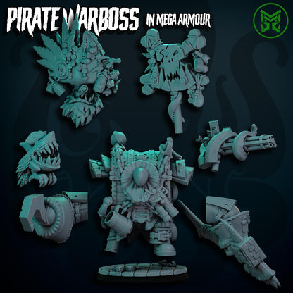 Pirate War Boss - In Mega Armour, Space-Faring Orks Sculpted by Mekka Miniatures, Grimdark Compatible, Scaled for Sci-Fi Miniature Wargames