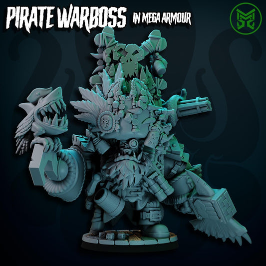 Pirate War Boss - In Mega Armour, Space-Faring Orks Sculpted by Mekka Miniatures, Grimdark Compatible, Scaled for Sci-Fi Miniature Wargames