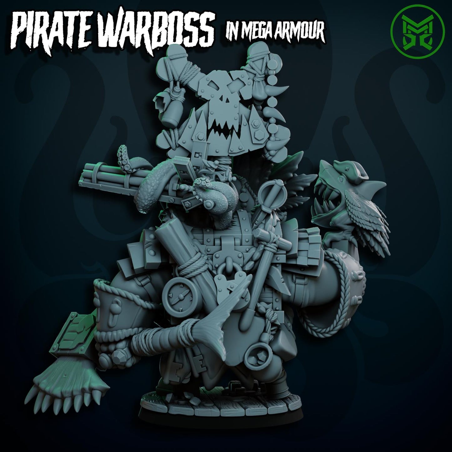 Pirate War Boss - In Mega Armour, Space-Faring Orks Sculpted by Mekka Miniatures, Grimdark Compatible, Scaled for Sci-Fi Miniature Wargames