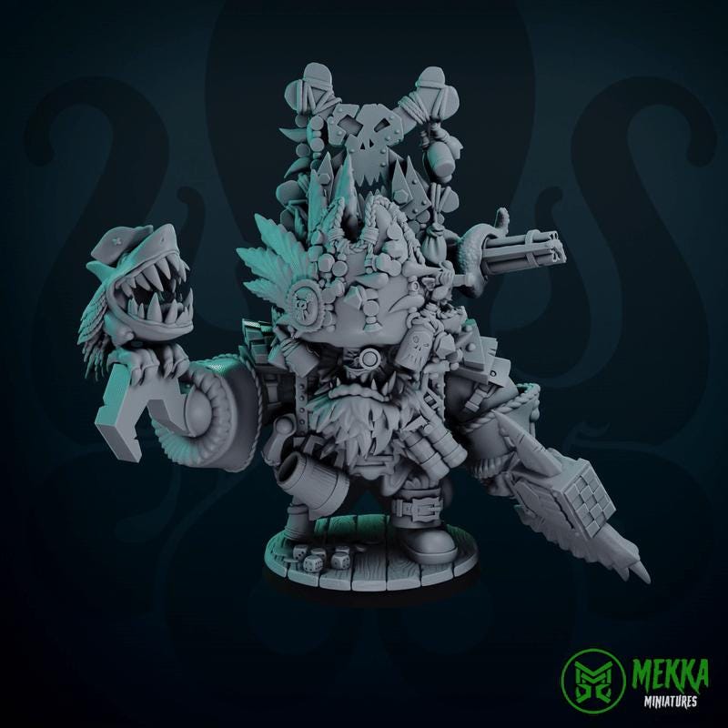 Pirate War Boss - In Mega Armour, Space-Faring Orks Sculpted by Mekka Miniatures, Grimdark Compatible, Scaled for Sci-Fi Miniature Wargames