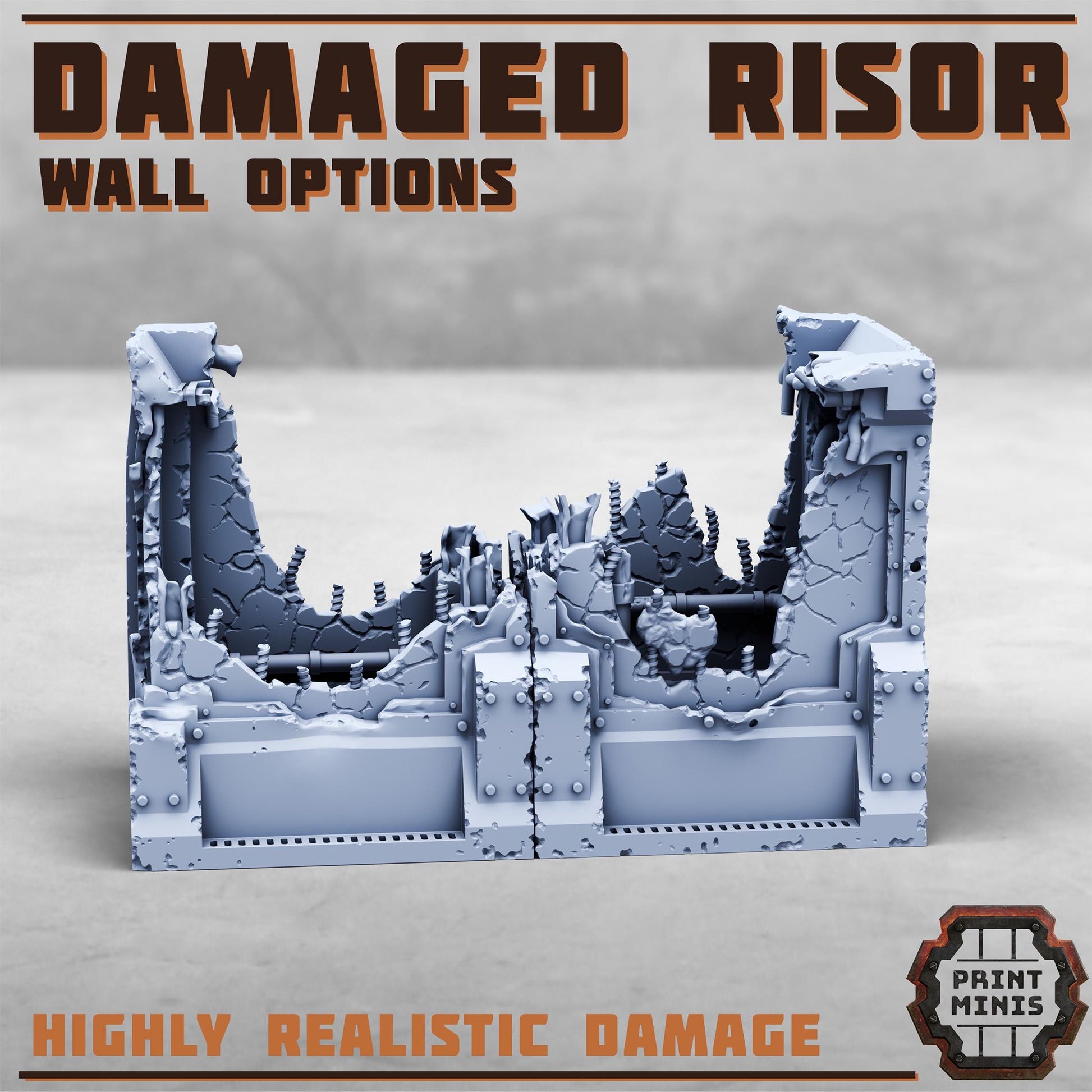 Damaged Risor District Walls - Risor District - Sci-Fi City Skirmish Wargaming Terrain by Print Minis