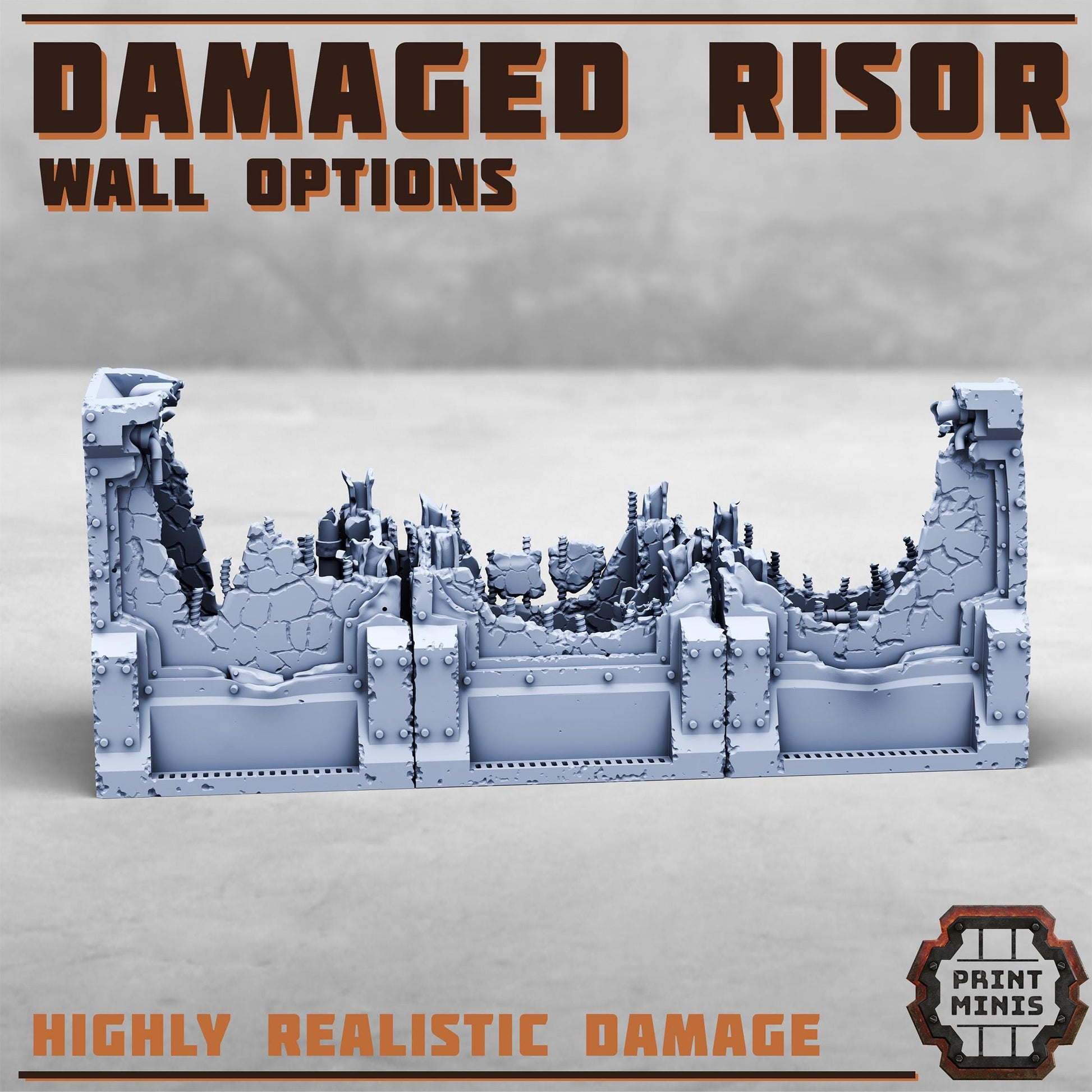 Damaged Risor District Walls - Risor District - Sci-Fi City Skirmish Wargaming Terrain by Print Minis
