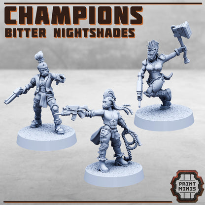 Bitter Nightshade Champions x3-  Sci-Fi Grimdark City Skirmish Warfare Female Mercenaries by Print Minis