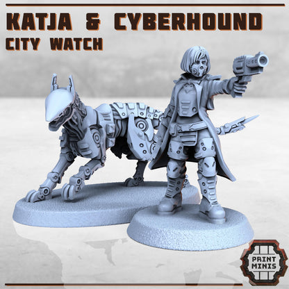 Katja - Enforcer Inspector & Cyberhound -  Sci-Fi Grimdark Tech Hunter Mercenaries by Print Minis