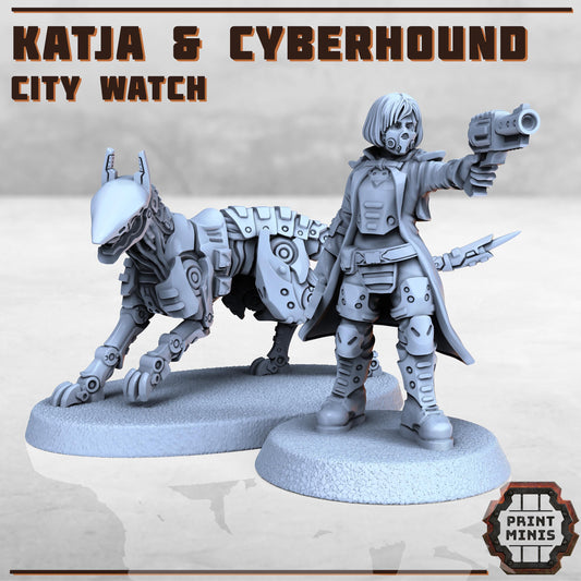 Katja - Enforcer Inspector & Cyberhound -  Sci-Fi Grimdark Tech Hunter Mercenaries by Print Minis