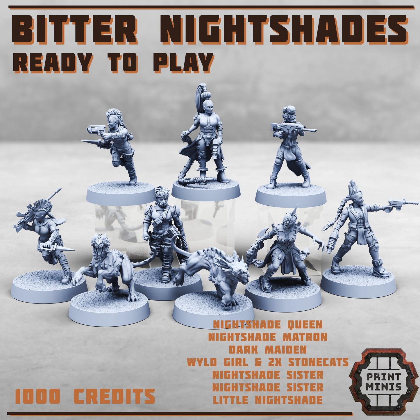 Bitter Nightshades - Ready to Play Gang - Sci-FiGrimdark City Skirmish Warfare Female Mercenaries by Print Minis