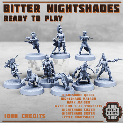 Bitter Nightshades - Ready to Play Gang - Sci-FiGrimdark City Skirmish Warfare Female Mercenaries by Print Minis