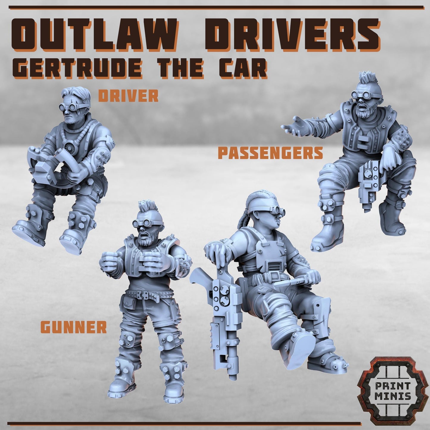Wasteland Race Car - Gertrude w/ Outlaw Drivers - Outcast Gangers - Sci-Fi Grimdark Mercenaries by Print Minis