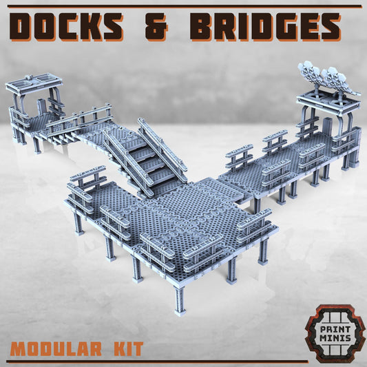 Bridges & Docks Terrain Kit - Sci-Fi City Skirmish Wargaming Terrain by Print Minis