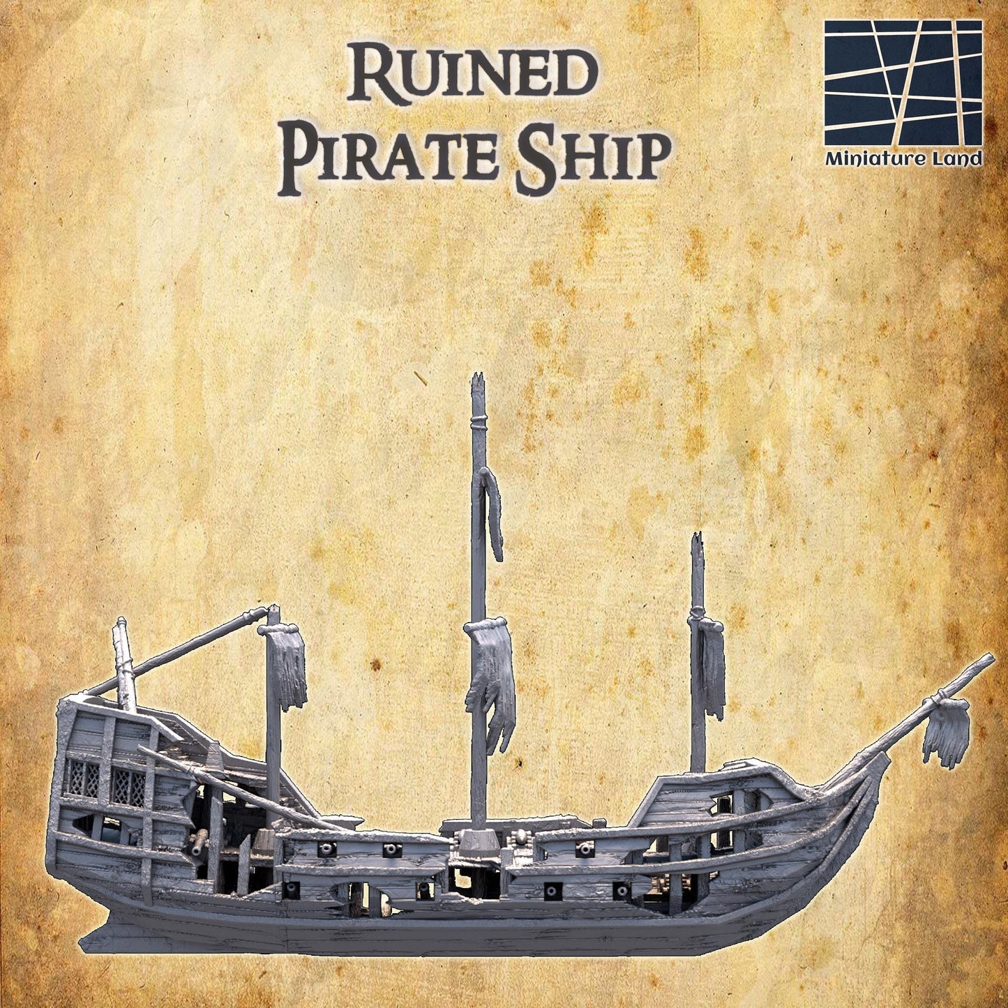 Ruined Pirate Ship - Tabletop Terrain - 28 MM, Tabletop 3D Printed Terrain by MiniatureLand, Perfect for Wargaming and RPGs