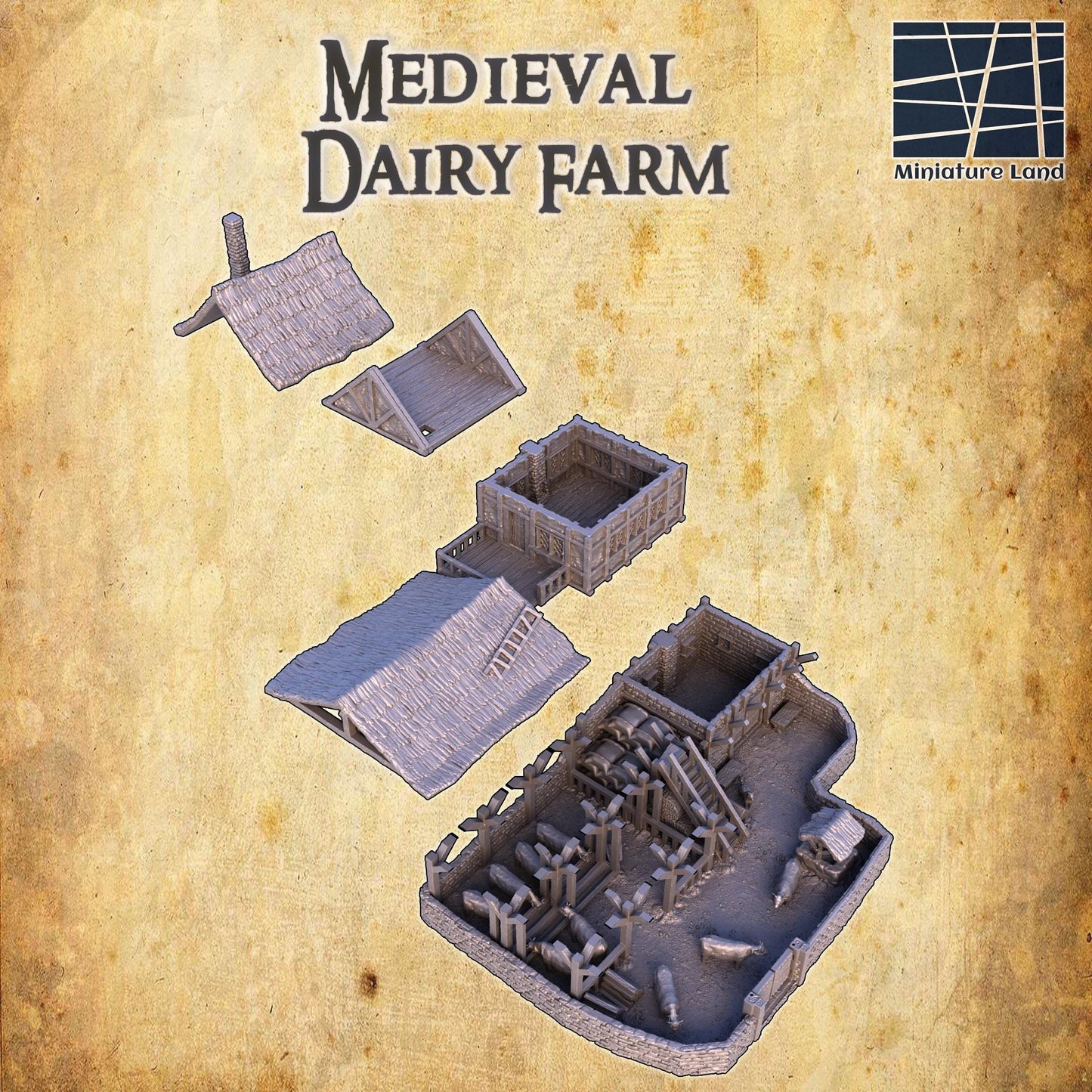Medieval Dairy Farm- Tabletop Terrain - 28 MM, Tabletop 3D Printed Terrain by MiniatureLand, Perfect for Wargaming and RPGs