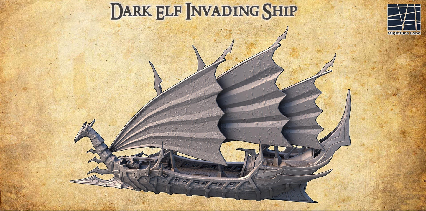 Dark Elf Invading Ship - Tabletop Terrain - 28 MM, Tabletop 3D Printed Terrain by MiniatureLand, Perfect for Wargaming and RPGs