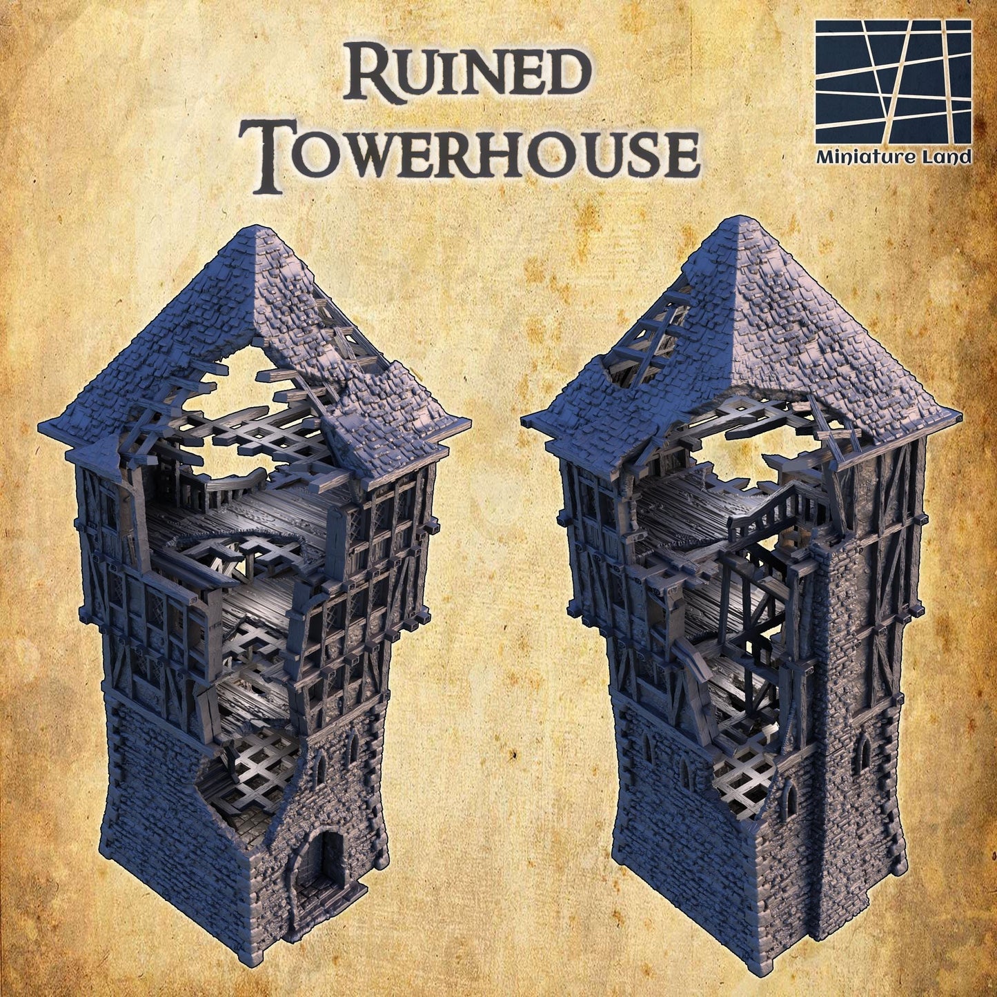 Ruined Tower House - Tabletop Terrain - 28 MM, Tabletop 3D Printed Terrain by MiniatureLand, Perfect for Wargaming and RPGs