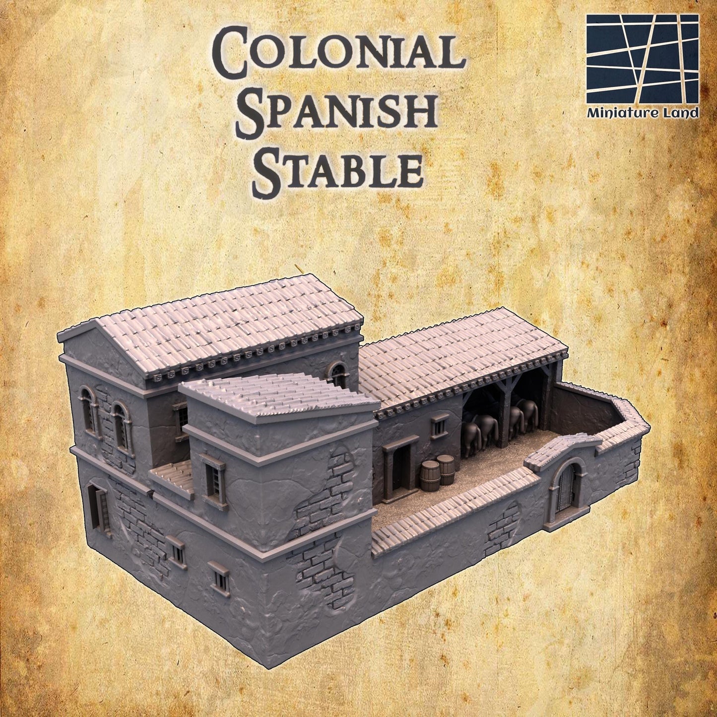 Colonial Spanish Stable - Tabletop Terrain - 28 MM, Tabletop 3D Printed Terrain by MiniatureLand, Perfect for Wargaming and RPGs