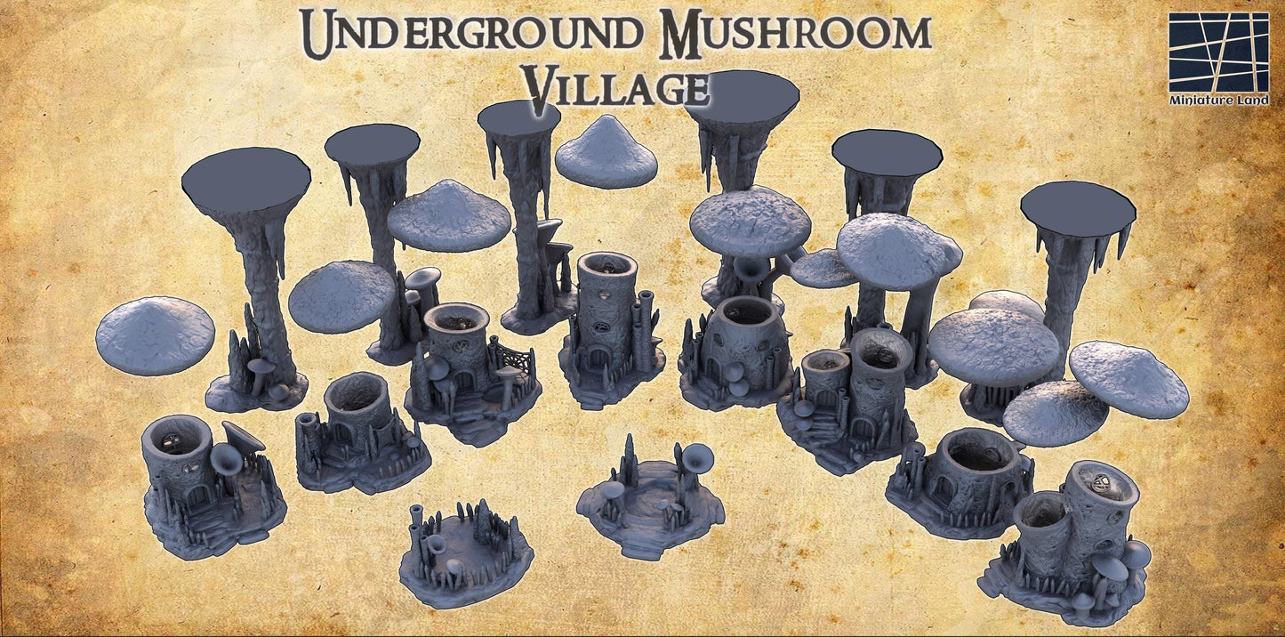 Underground Mushroom Village - Tabletop Terrain - 28 MM, Tabletop 3D Printed Terrain by MiniatureLand, Perfect for Wargaming and RPGs