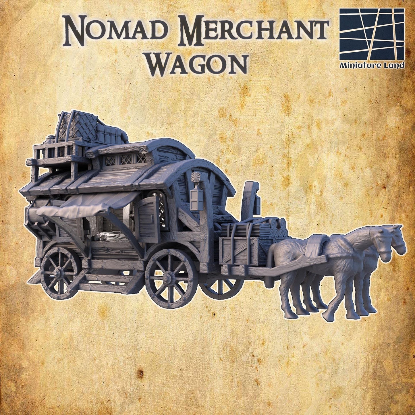 Nomad Merchant Wagon - Tabletop Terrain - 28 MM, Tabletop 3D Printed Terrain by MiniatureLand, Perfect for Wargaming and RPGs