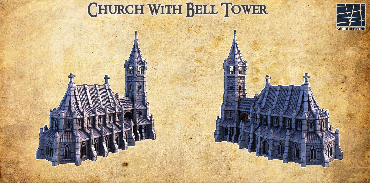 Church With Bell Tower - Tabletop Terrain - 28 MM, Tabletop 3D Printed Terrain by MiniatureLand, Perfect for Wargaming and RPGs