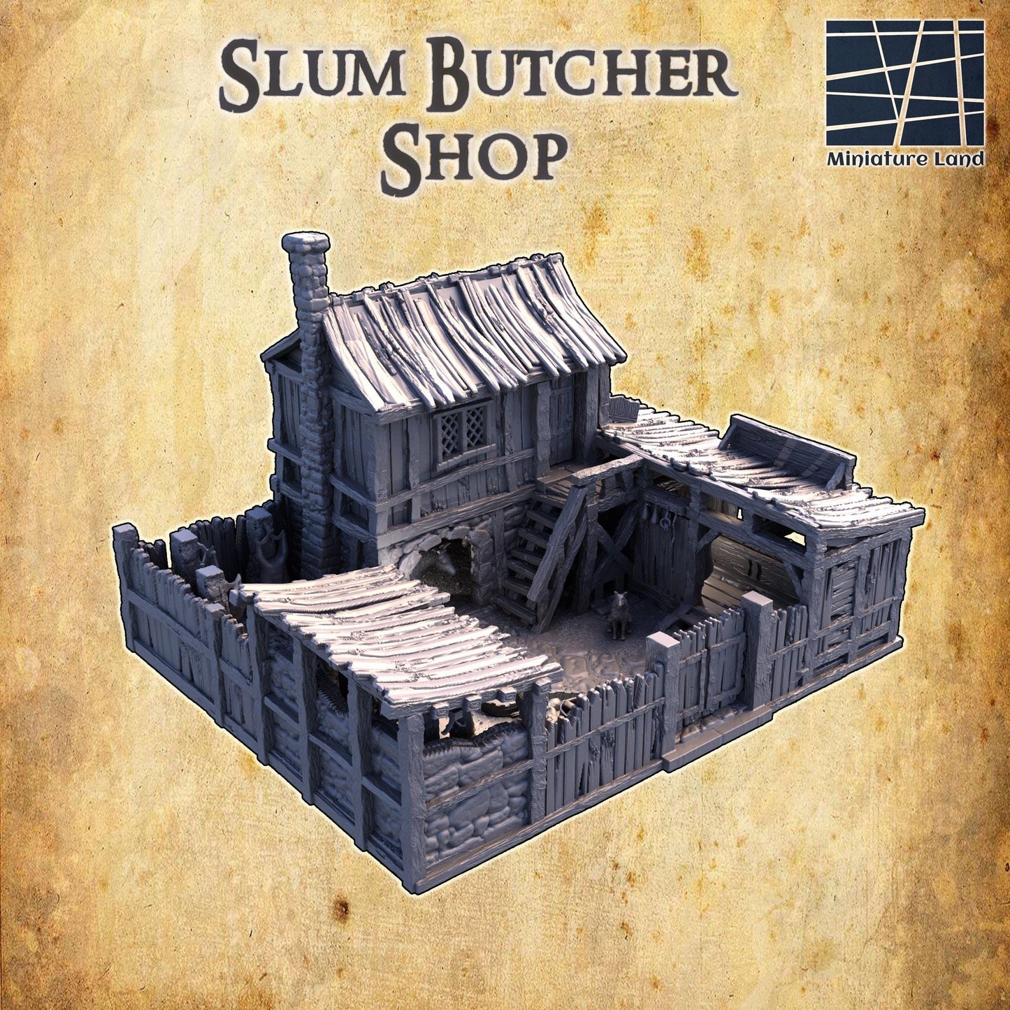 Slum Butcher Shop - Tabletop Terrain - 28 MM, Tabletop 3D Printed Terrain by MiniatureLand, Perfect for Wargaming and RPGs