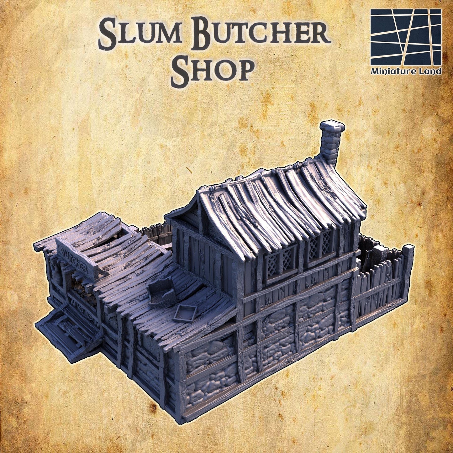 Slum Butcher Shop - Tabletop Terrain - 28 MM, Tabletop 3D Printed Terrain by MiniatureLand, Perfect for Wargaming and RPGs