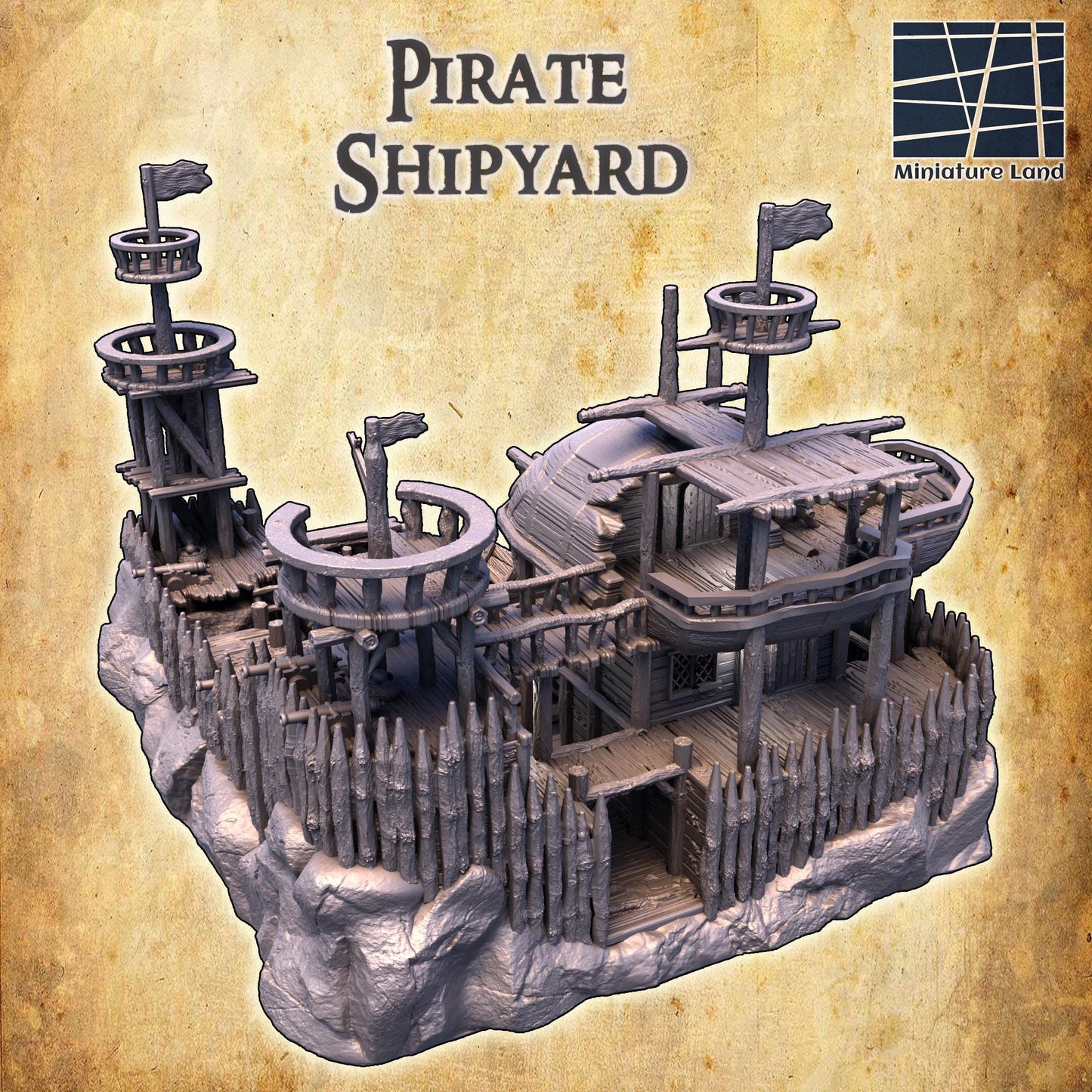 Pirate Shipyard - Tabletop Terrain - 28 MM, Tabletop 3D Printed Terrain by MiniatureLand, Perfect for Wargaming and RPGs